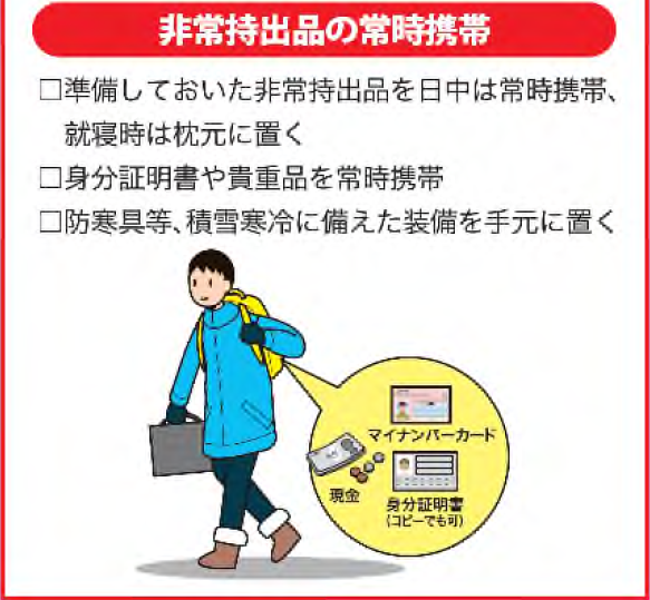 非常持ち出し品の常時携帯・準備しておいた非常持ち出し品を日中は常時携帯、就寝時は枕元に置く・身分証明書や貴重品を常時携帯・防寒具と宇、積雪寒冷に備えた装備を手元に置く